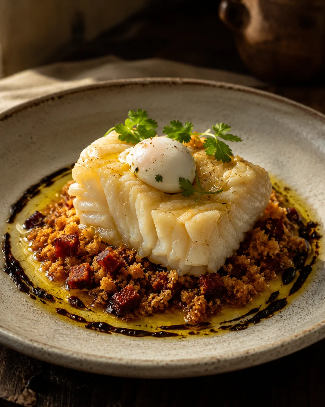 Bacalhau Confitado da Aldeia do Meco com Migas de Pão de Mafra